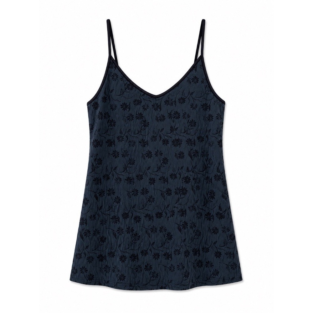 California Miss Womens Cami Top Navy Blue Floral‎ Jacquard V Neck Slip Size M